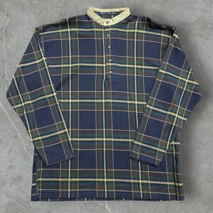 New River Vtg 90s Henley Plaid Navy Blue L/S Shirt Cotton Blend Mens Size Medium